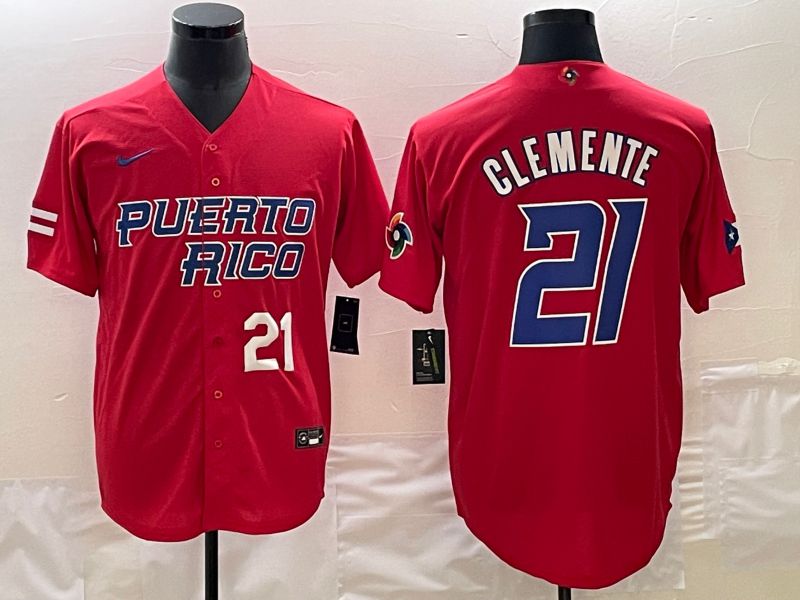 Men 2023 World Cub Puerto Rico 21 Clemente Red Nike MLB Jersey8